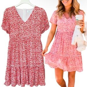 Katy Roach x Pink Lily Women M Dress. Pockets Cottagecore Floral Ruffle Farm Red